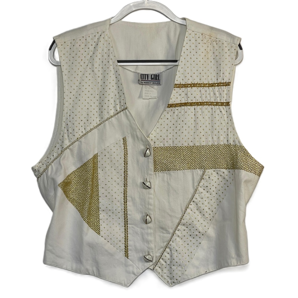 Vintage City Girl by Nancy Bolen White Gold Sleeveless Vest Size 16